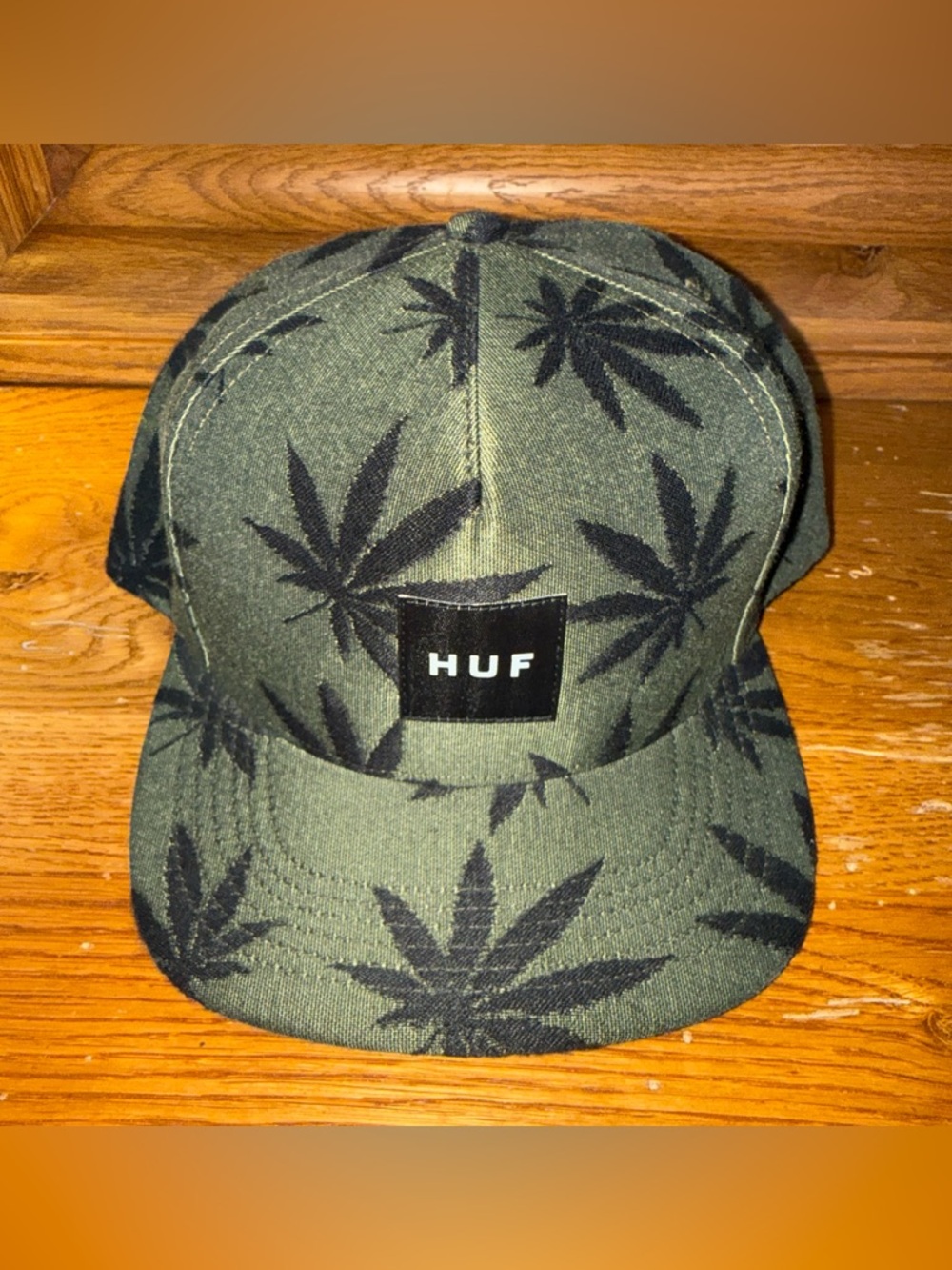 HUF Olive Green Snap Back Hat with Black Pot Leaf Pattern New without Tags